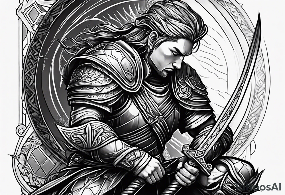 kneeling warrior with sword tattoo idea