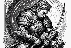 kneeling warrior with sword tattoo idea