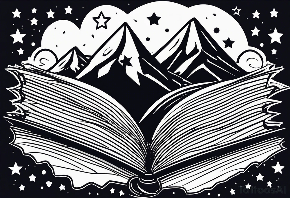 Open book with stars and mountains in a cartoon minimalistic design. Incorporate sushi rolls subtly tattoo idea