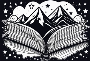 Open book with stars and mountains in a cartoon minimalistic design. Incorporate sushi rolls subtly tattoo idea