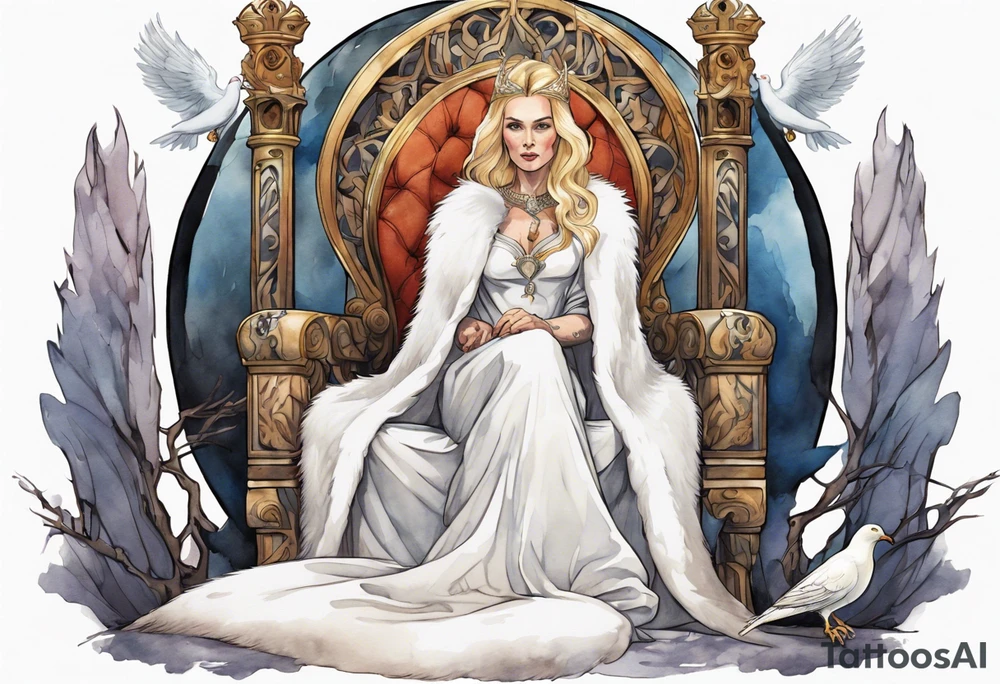 a 40-year-old Norse queen with blonde hair wearing a white fur cloak sitting on a throne with a dove on her shoulder tattoo idea