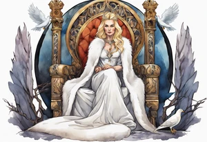 a 40-year-old Norse queen with blonde hair wearing a white fur cloak sitting on a throne with a dove on her shoulder tattoo idea