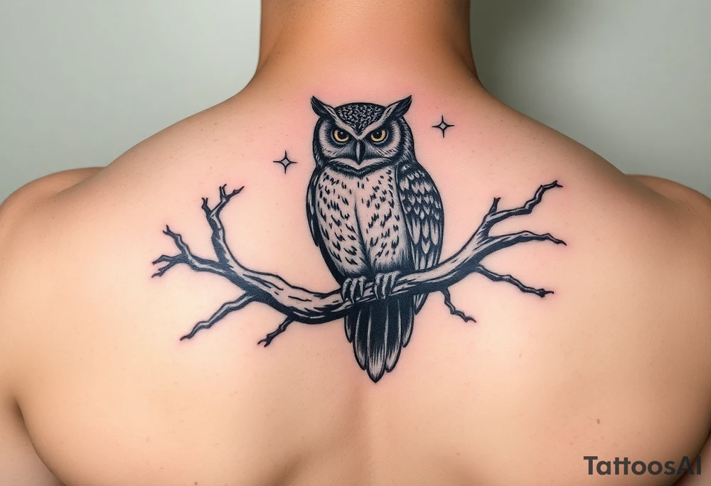 wise owl perched on ancient oak branch under starlit sky tattoo idea