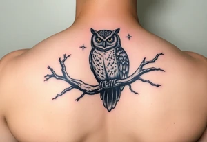 wise owl perched on ancient oak branch under starlit sky tattoo idea
