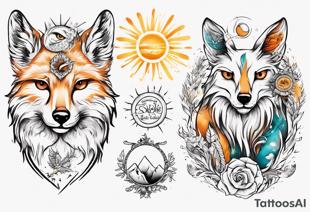 Fuchs und Eule unter der Sonne mit dem Schriftzug Sapere Aude tattoo idea
