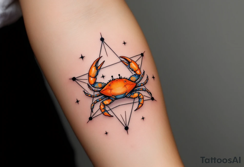 A vibrant orange crab rests at the center of the Cancer star constellation pattern on a muted charcoal background. tattoo idea