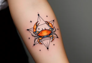 A vibrant orange crab rests at the center of the Cancer star constellation pattern on a muted charcoal background. tattoo idea
