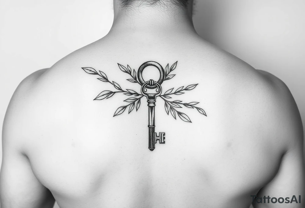 A metal key wrapped in olive leaves tattoo idea