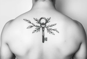 A metal key wrapped in olive leaves tattoo idea
