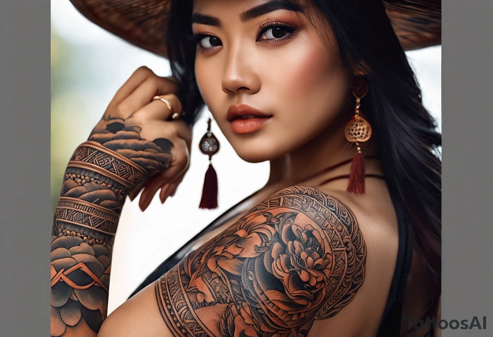 quiero crear una composicion para un tatuaje del antebrazo completo con pequeños tatuajes de tematica asiatica que incluya una rana con sombrero de vietnam, varios guerreros de terracota y una imagen del templo de camboya ankor tattoo idea
