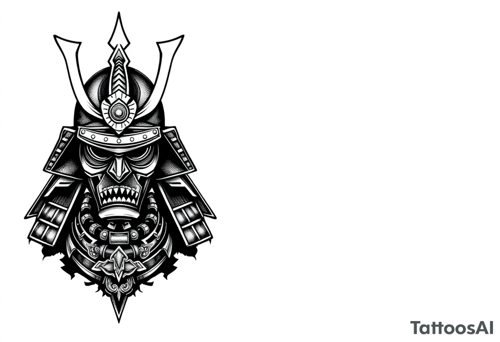 Samurai helmet tattoo design, Japanese style, black and grey ink, highly detailed, bold linework, symmetrical layout, traditional armor, ornamental patterns, forearm placement, minimal background, warrior spirit, sketch style tattoo idea