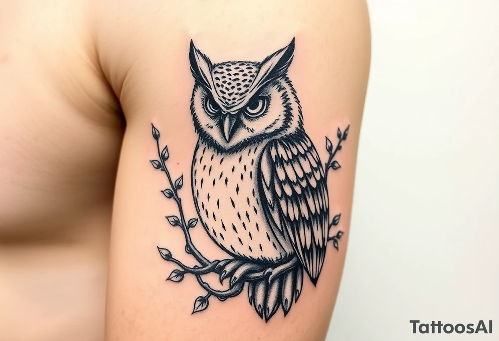 wise owl  with vine crawling and wrapping around the owl to where you can only see owls one eye peeking through tattoo idea