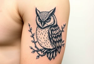 wise owl  with vine crawling and wrapping around the owl to where you can only see owls one eye peeking through tattoo idea