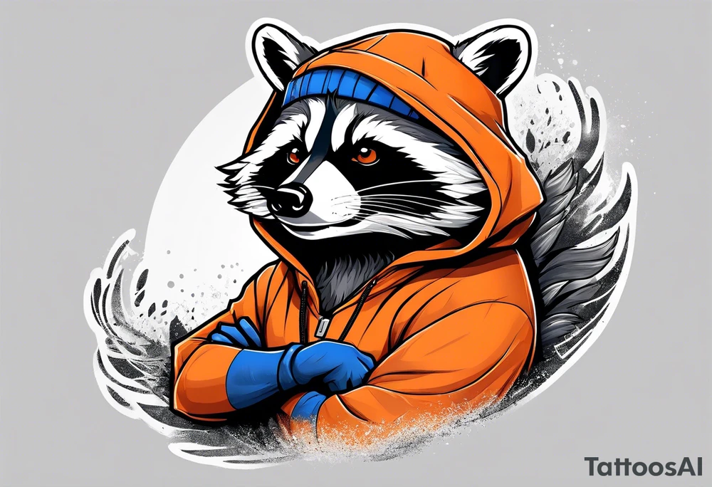 Raccoon wearing an orange Superman hoodie tattoo idea