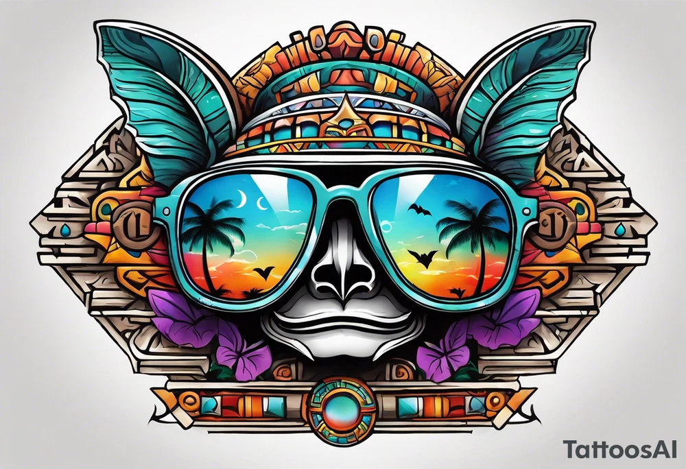 Colorful Mayan hieroglyph wearing sunglasses with bats and water tattoo idea