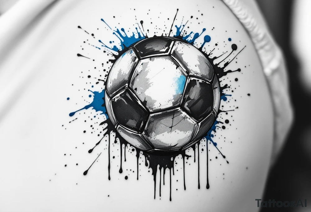 A dripping-ink soccer ball in grayscale with splashes of cobalt blue for contrast. tattoo idea