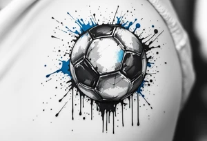 A dripping-ink soccer ball in grayscale with splashes of cobalt blue for contrast. tattoo idea