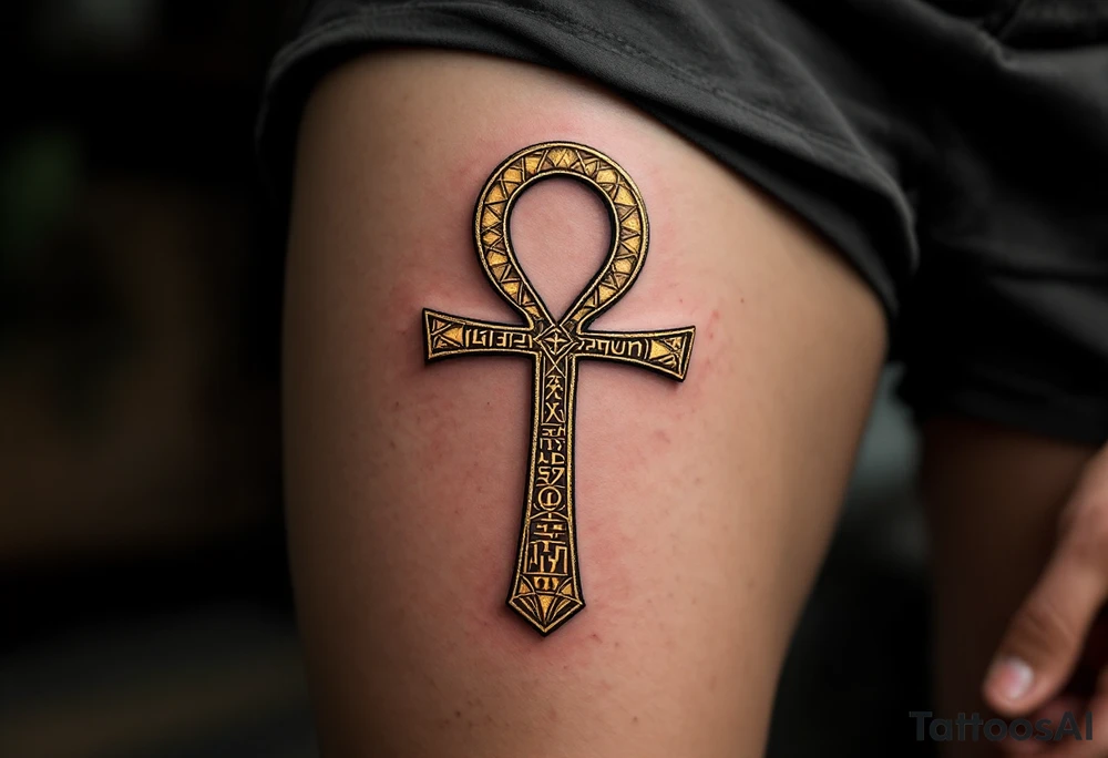 A golden Ankh with intricate hieroglyphs engraved tattoo idea