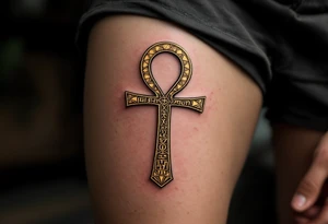 A golden Ankh with intricate hieroglyphs engraved tattoo idea
