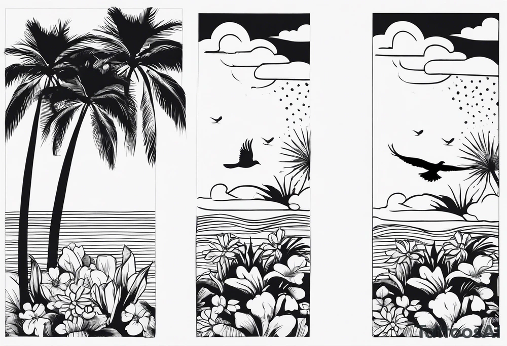 arm sleeve, clouds, dove, sun, flowers, palm trees, tattoo idea