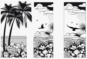 arm sleeve, clouds, dove, sun, flowers, palm trees, tattoo idea