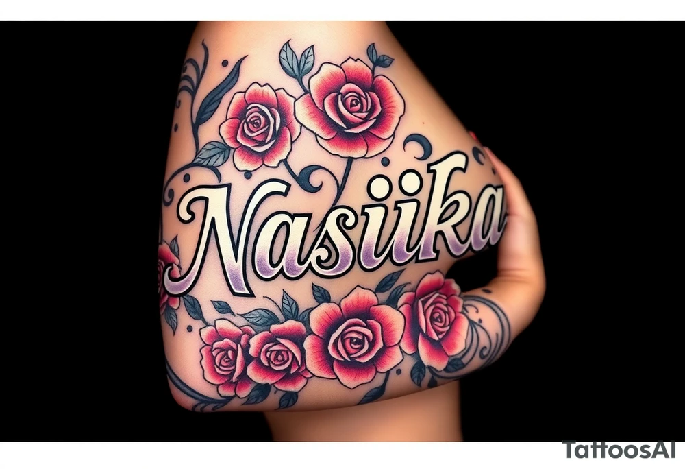 the word Nashika with roses surrounding tattoo idea