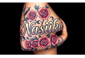 the word Nashika with roses surrounding tattoo idea