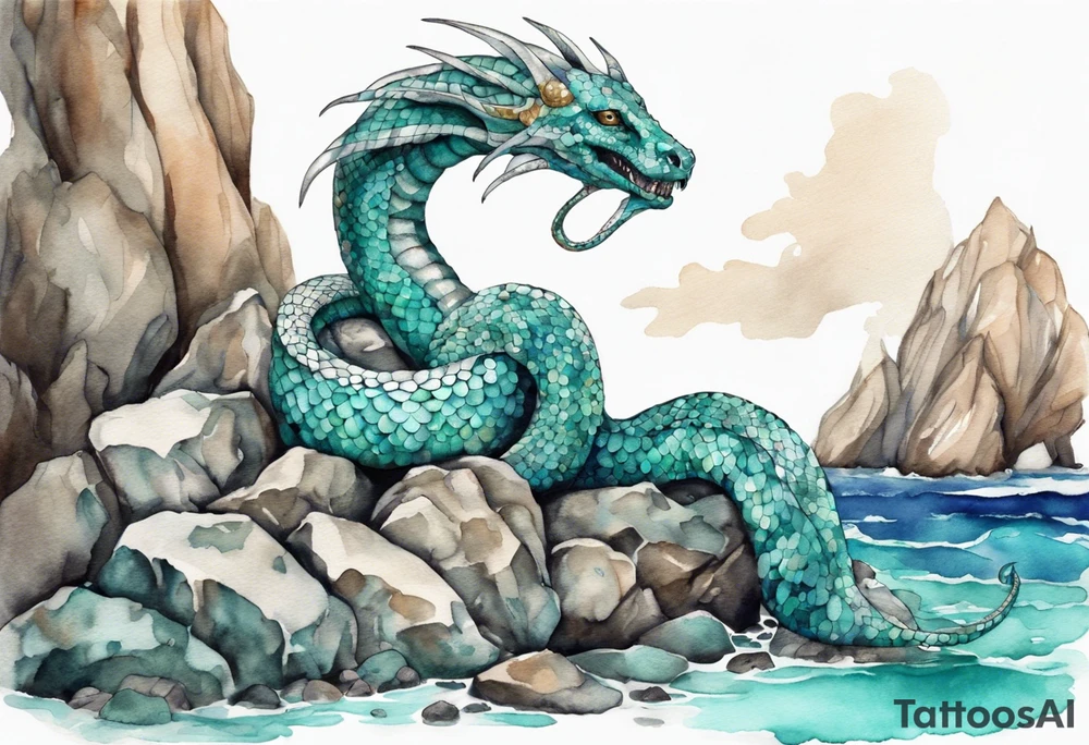 A sea serpent with the head of a woman covered in turquois scales sitting on rocks by the ocean tattoo idea