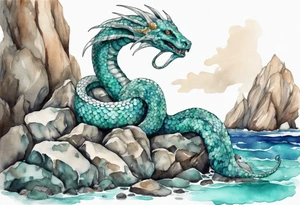 A sea serpent with the head of a woman covered in turquois scales sitting on rocks by the ocean tattoo idea