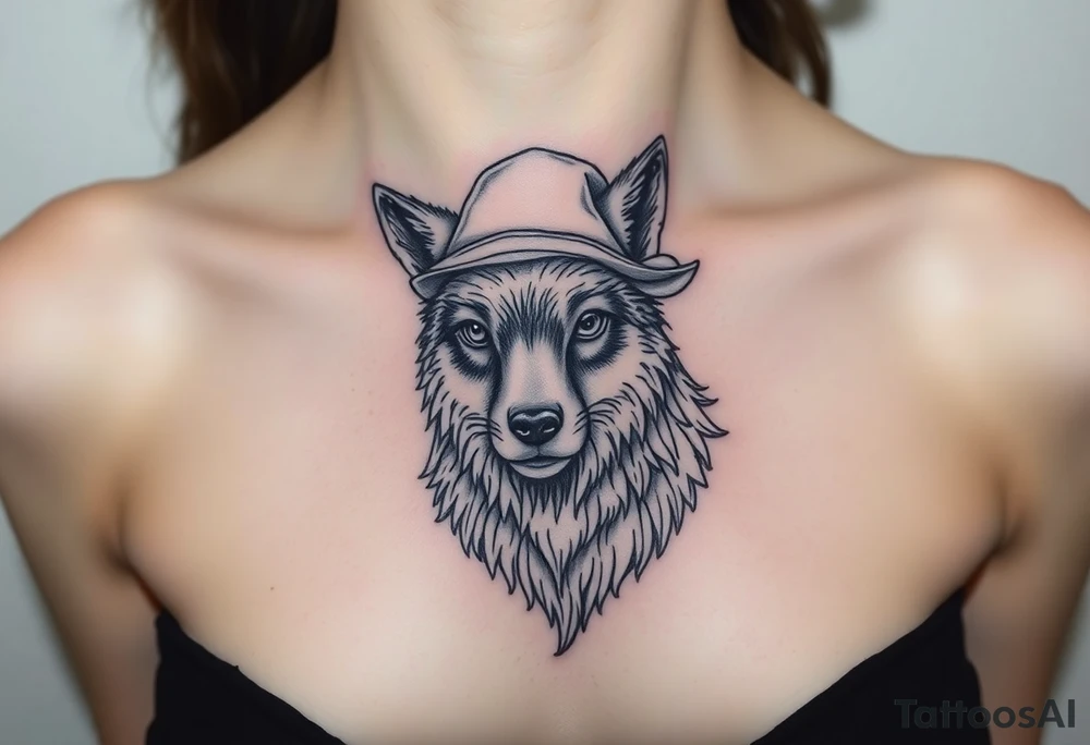 Wolf wearing a sheep like a costume with the sheep's head shapes to a hat tattoo idea