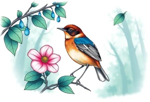 green forest background
blue rain drops
pink camelia flower
blue brown wren bird tattoo idea