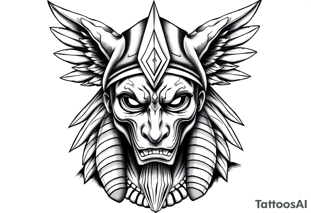 powerful majestic muscle anubis Egyptian god face mix with joker
without eyes with mantle on head tattoo idea