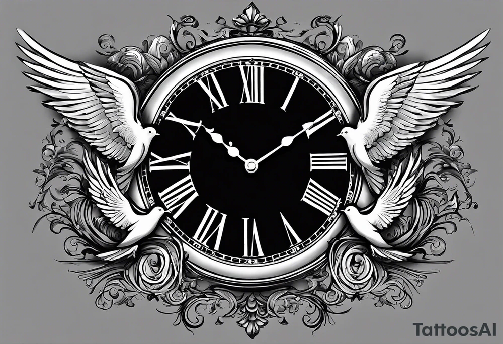 - The name "Walston" arched elegantly above or below the clock.
- The clock in the center with intricate details.
- Doves flying in from the sides, with their wings spread, creating a dynamic flow towards the clock. tattoo idea
