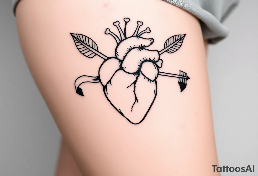 anatomical heart pierced by ornate arrow with flowing ribbons tattoo idea