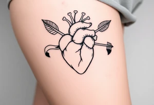 anatomical heart pierced by ornate arrow with flowing ribbons tattoo idea
