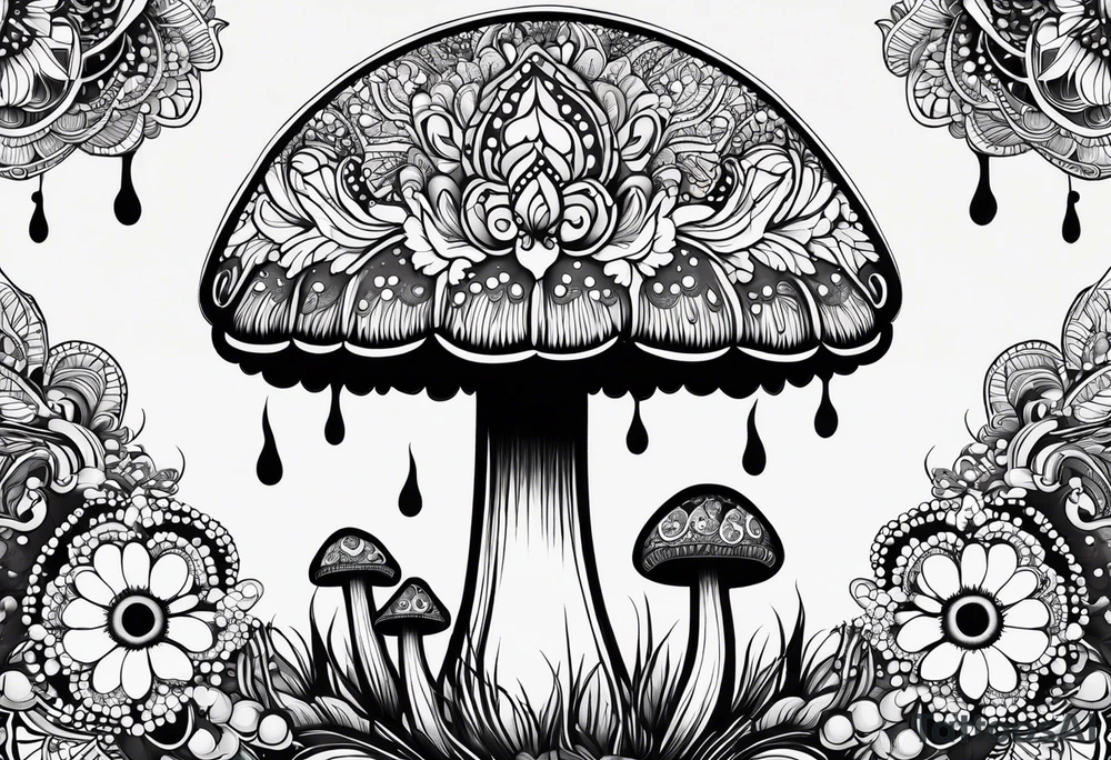 Large Shaggy cap mushroom dripping ink off cap with 4 smaller mushrooms around it mandala henna black tattoo design tattoo idea