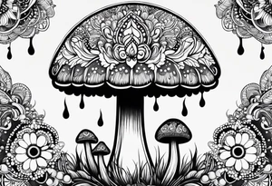 Large Shaggy cap mushroom dripping ink off cap with 4 smaller mushrooms around it mandala henna black tattoo design tattoo idea