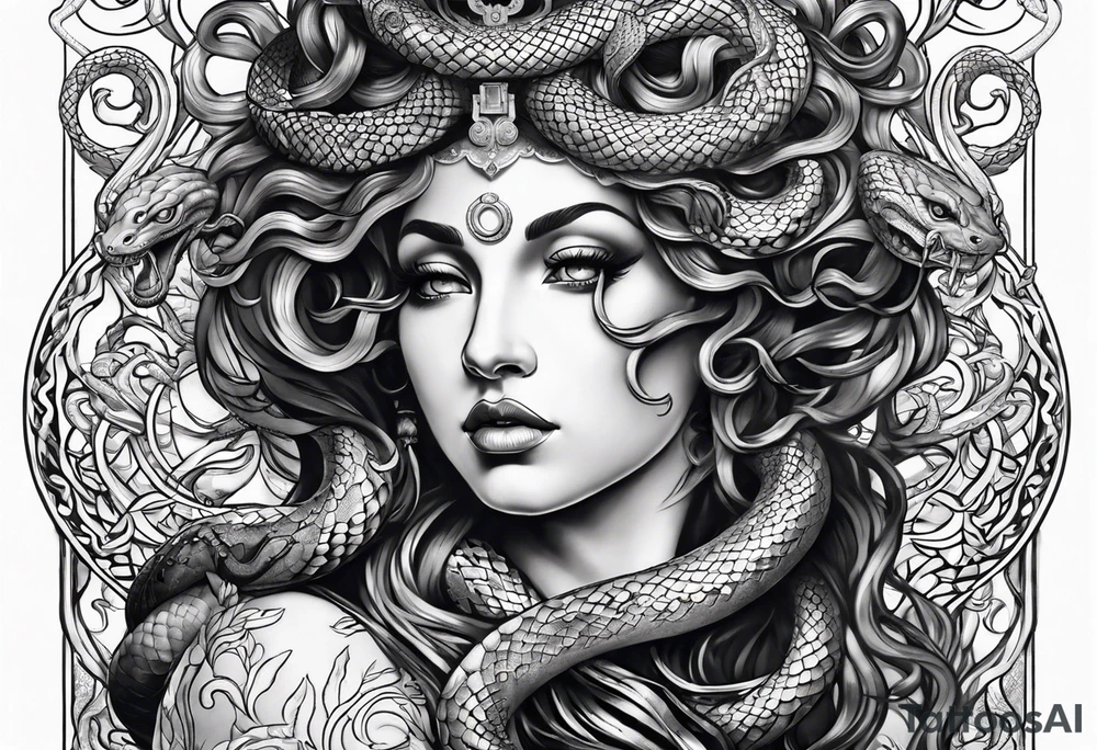 arm tattoo of Medusa as a statue with snakes for hair tattoo idea