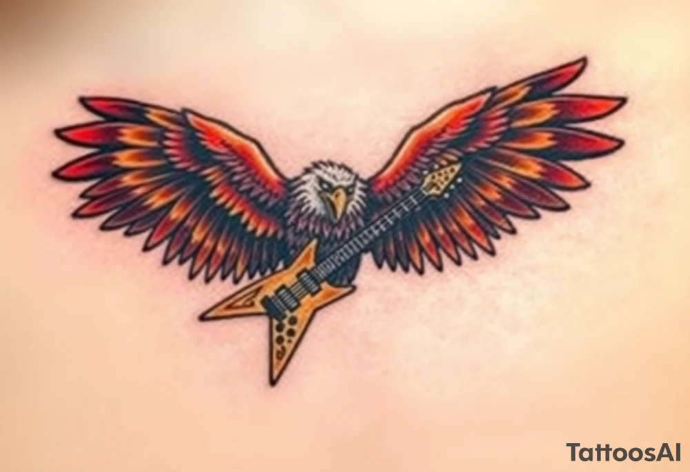 A fierce eagle with outstretched wings, holding a flaming guitar, with shades of red, yellow, and dark brown, creating a heavy, metal-like aura and sing Metallica tattoo idea