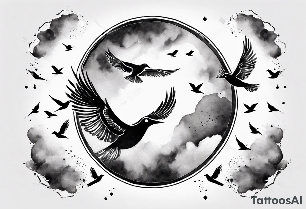 shoulder tattoo with light rays with birds flying free among the clouds, round shape, 3d effect tattoo idea shoulder tattoo with light rays with birds flying free among the clouds, round shape, 3d effect tattoo idea