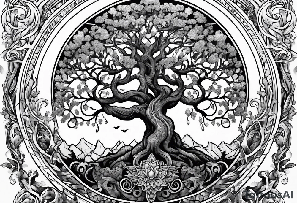 Yggdrasil with 9 realm illustrated tattoo idea