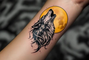 A howling gray wolf under a full yellow moon, surrounded by stylized wind swirls. tattoo idea