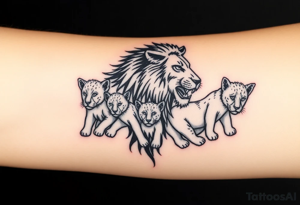 Tribal half male lion half 3 female cubs tattoo idea