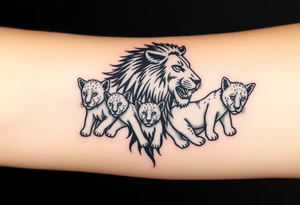 Tribal half male lion half 3 female cubs tattoo idea