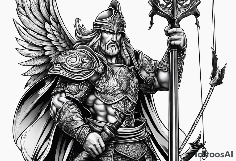 ares figure, angel, fishing rod tattoo idea