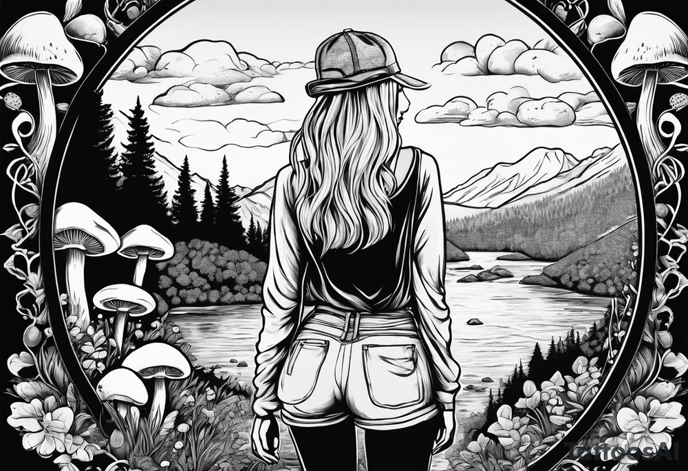 Whole picture encircled fully

Straight long blonde hair hippie girl in distance holding mushrooms in hand facing away toward mountains and creek surrounded by mushrooms long sleeve shirt and hiking pants; whole rendering within a full circle, no cut off circle tattoo idea