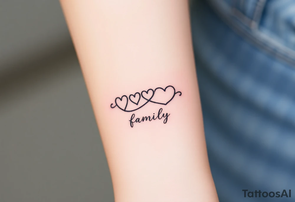 A minimalist infinity symbol with three hearts above including word "family" tattoo idea