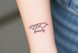 A minimalist infinity symbol with three hearts above including word "family" tattoo idea