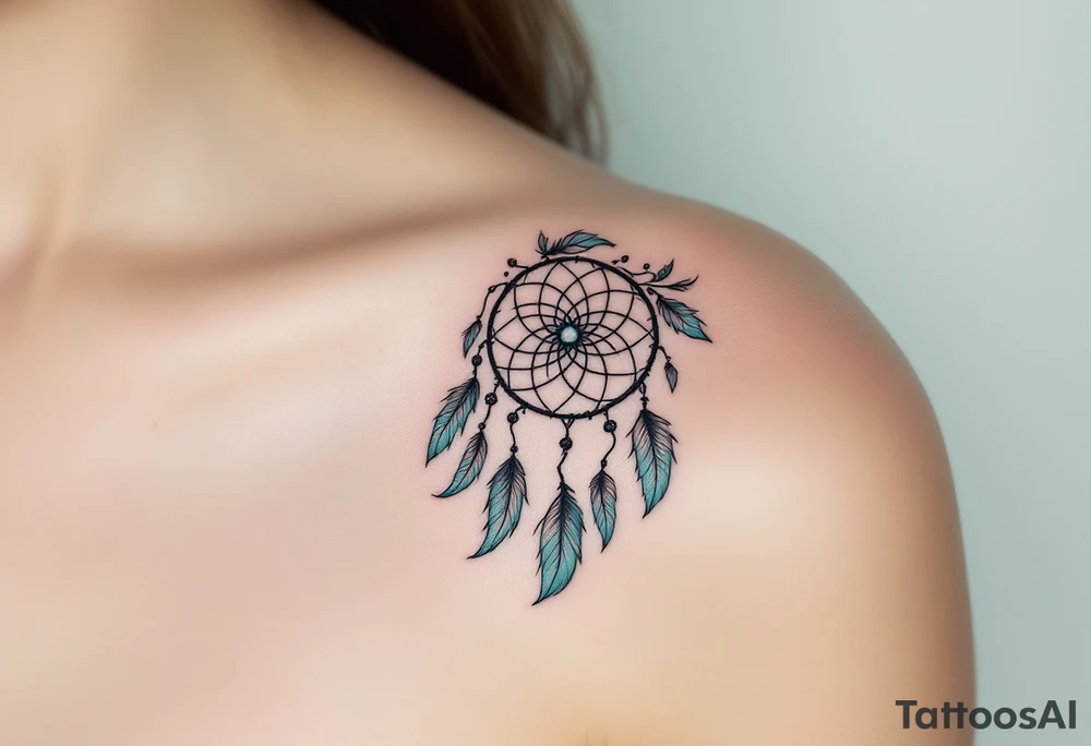 Verunka encircled by a light teal dreamcatcher, with tiny feathers. tattoo idea
