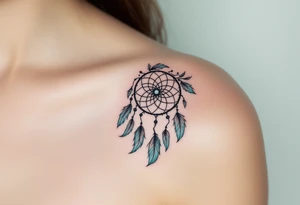 Verunka encircled by a light teal dreamcatcher, with tiny feathers. tattoo idea